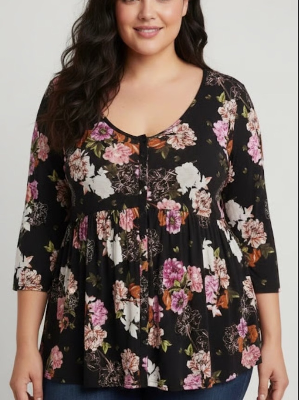 torrid Black Trim Floral-Print Top with Pink & Peach Blooms size 0